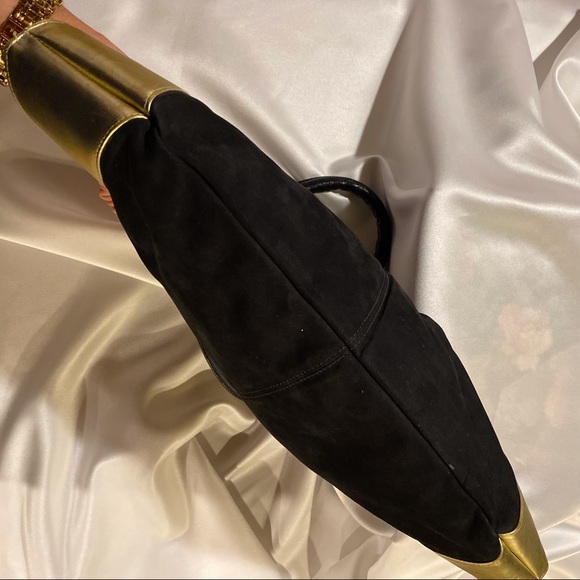 *SOLD* Gold and Black Vintage 80s Leather Large Suede Handbag Purse - Picture 6 of 8